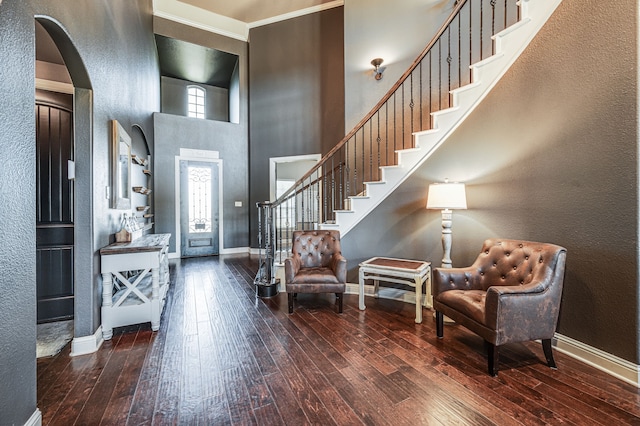 entryway featuring wood-type flooring and a towering ceiling