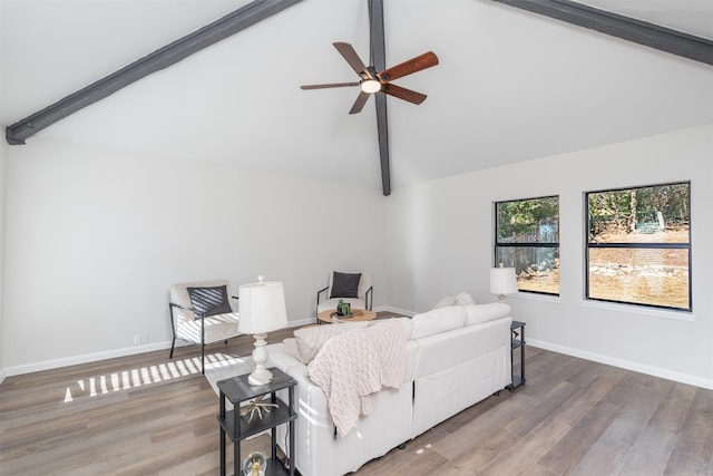 living room with beam ceiling, ceiling fan, high vaulted ceiling, and wood-type flooring