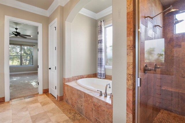 bathroom featuring independent shower and bath, ceiling fan, and ornamental molding