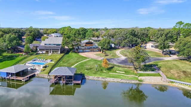 aerial view featuring a water view