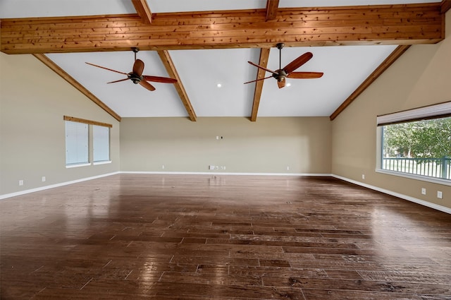 unfurnished living room featuring dark wood-type flooring, ceiling fan, and beam ceiling