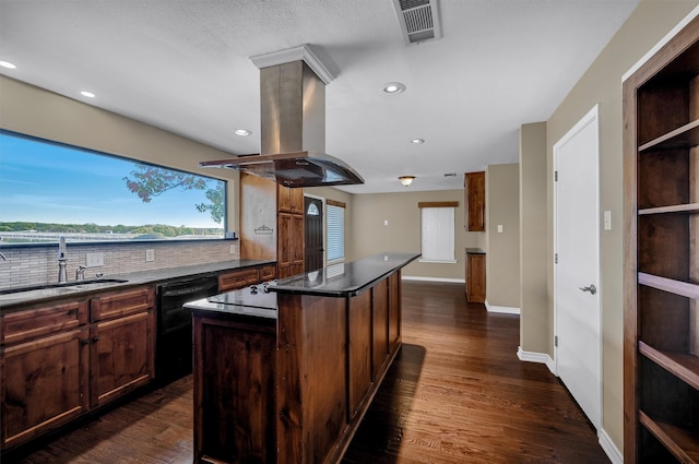 kitchen with island range hood, a kitchen island, black dishwasher, dark hardwood / wood-style floors, and sink