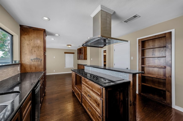 kitchen featuring dark wood-type flooring, a center island, island range hood, dishwasher, and backsplash