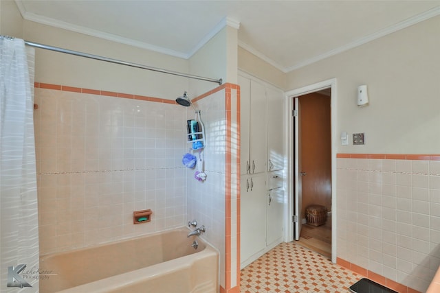 bathroom with tile walls, shower / bath combination with curtain, and ornamental molding