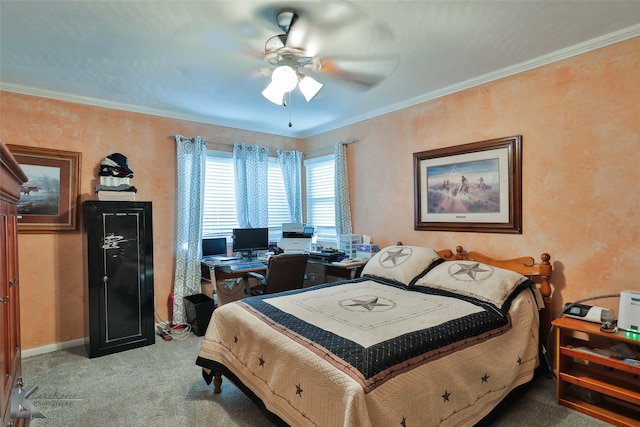 carpeted bedroom with ceiling fan and crown molding