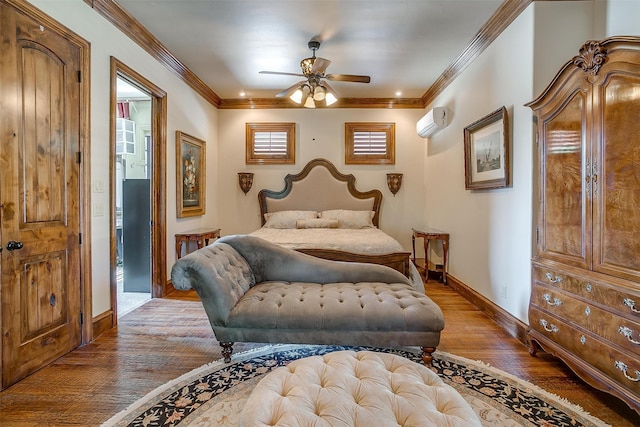 bedroom featuring crown molding, an AC wall unit, hardwood / wood-style flooring, and ceiling fan