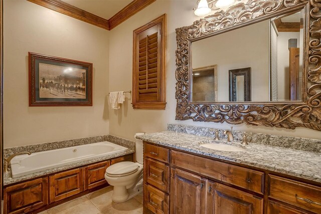 bathroom featuring tile patterned flooring, ornamental molding, a tub to relax in, vanity, and toilet