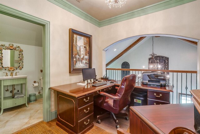 office area featuring ornamental molding, light tile patterned floors, vaulted ceiling, and a notable chandelier