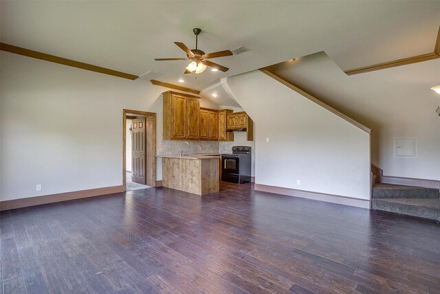 unfurnished living room with dark hardwood / wood-style flooring, ceiling fan, and crown molding