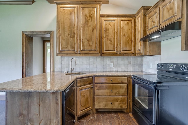 kitchen with sink, black appliances, light stone countertops, dark hardwood / wood-style floors, and vaulted ceiling