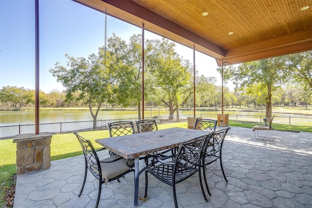 unfurnished sunroom featuring wood ceiling and a water view