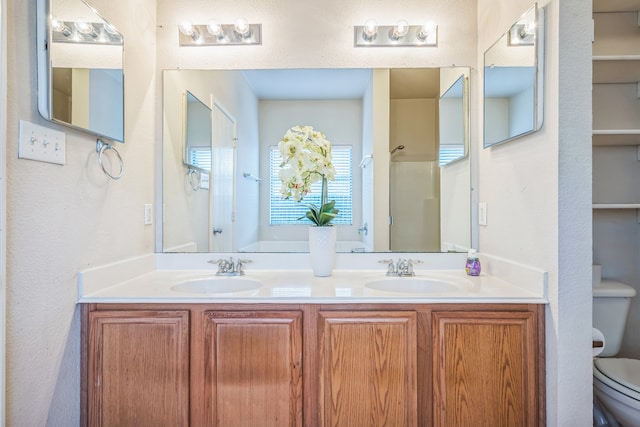 bathroom featuring toilet, vanity, and walk in shower