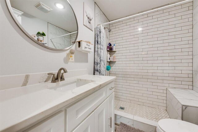 bathroom featuring vanity, toilet, and walk in shower