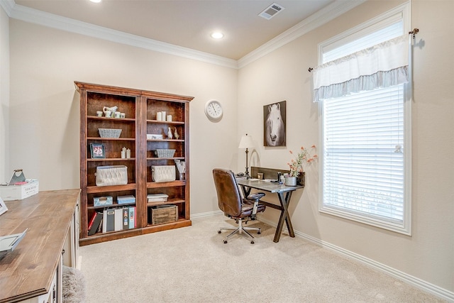 office space with light carpet and ornamental molding