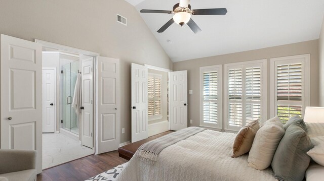 bedroom with high vaulted ceiling, ceiling fan, and dark wood-type flooring