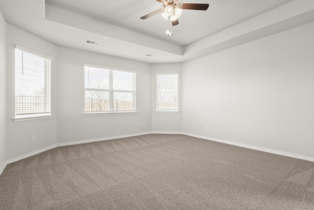 unfurnished room with a tray ceiling, ceiling fan, plenty of natural light, and carpet