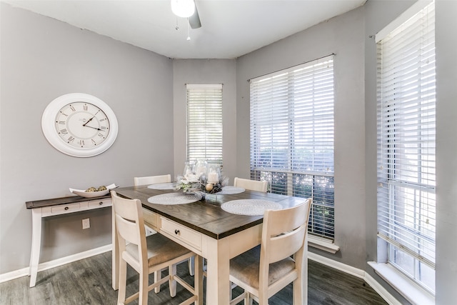 dining room featuring dark wood-type flooring and ceiling fan