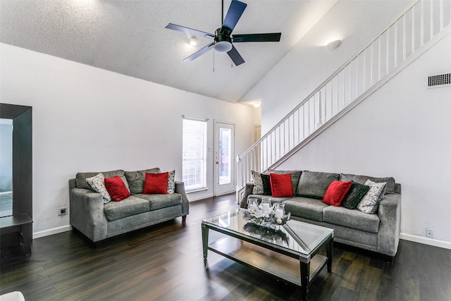 living room featuring ceiling fan, dark hardwood / wood-style floors, a textured ceiling, and high vaulted ceiling