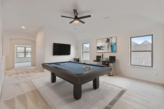 playroom featuring billiards, lofted ceiling, light carpet, and ceiling fan