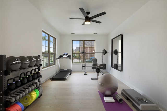 workout room featuring light wood-type flooring and ceiling fan