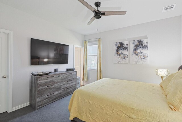 bedroom with ceiling fan and carpet floors