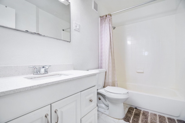 bathroom featuring marble finish floor, shower / bath combination with curtain, visible vents, toilet, and vanity