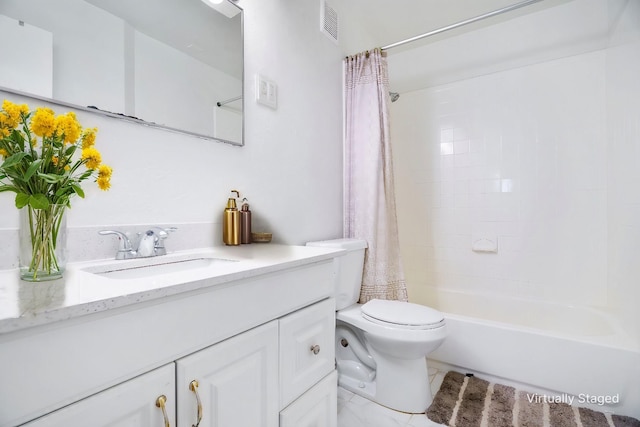 full bath with toilet, vanity, visible vents, marble finish floor, and shower / bath combo