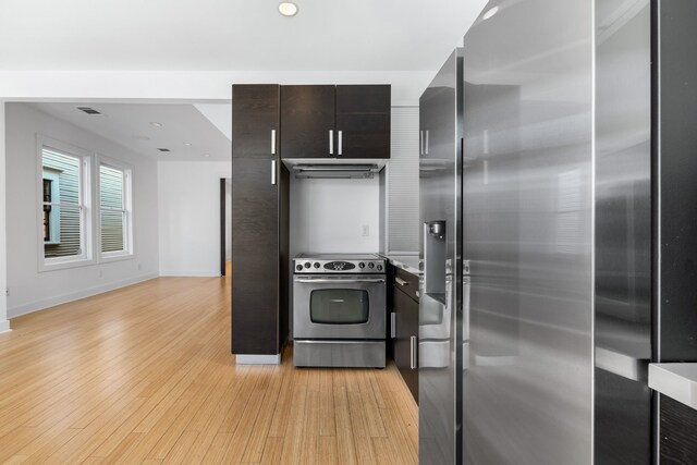 kitchen with light hardwood / wood-style floors and appliances with stainless steel finishes