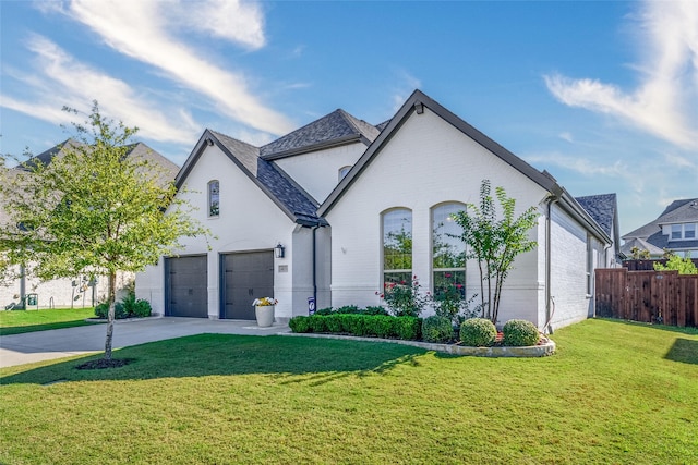 french country inspired facade with a front yard