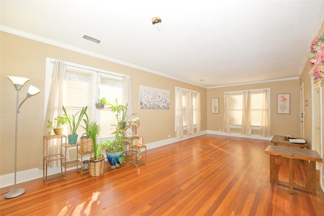 interior space featuring hardwood / wood-style floors, a healthy amount of sunlight, and crown molding