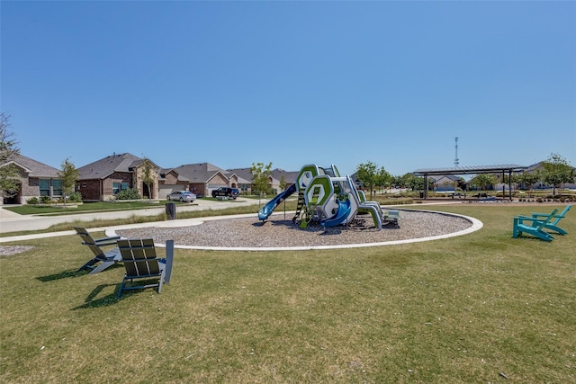 view of play area with a gazebo and a lawn