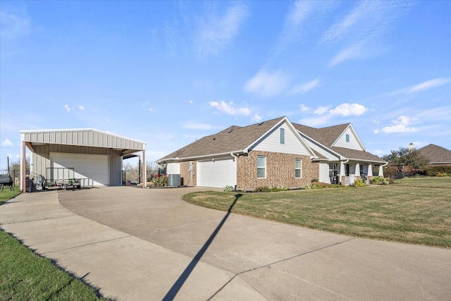 view of front facade featuring a garage, a carport, central AC unit, and a front lawn