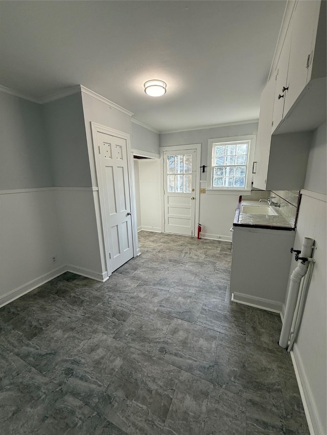 interior space with ornamental molding and sink