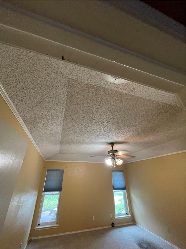 carpeted empty room featuring lofted ceiling, a textured ceiling, ceiling fan, and crown molding