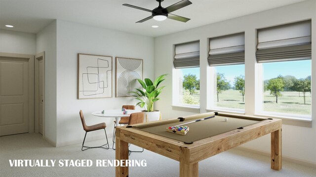 rec room featuring ceiling fan, light colored carpet, and pool table