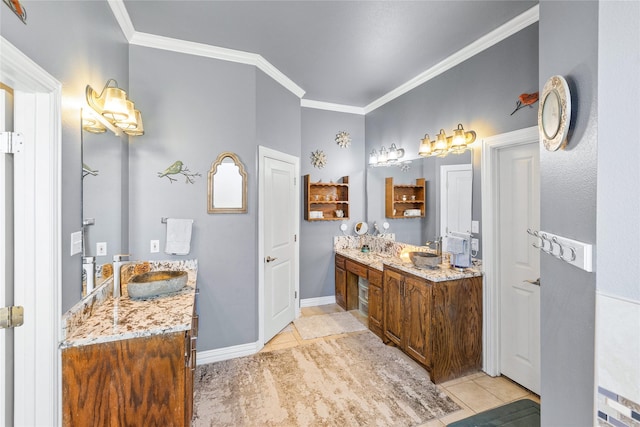 bathroom featuring vanity, tile patterned floors, and crown molding