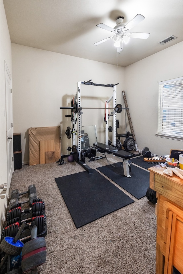 workout area with carpet flooring and ceiling fan