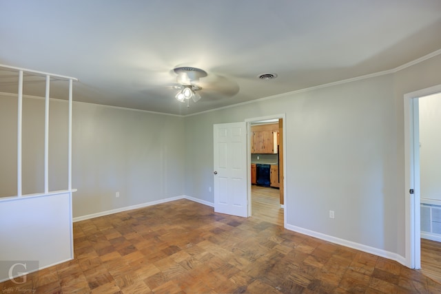 unfurnished room featuring ceiling fan, crown molding, and parquet flooring