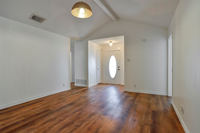 foyer with vaulted ceiling with beams and dark wood-type flooring