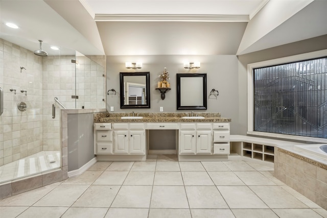 bathroom with independent shower and bath, vanity, tile patterned floors, and ornamental molding