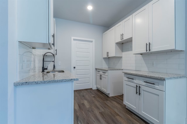 kitchen with white cabinetry, dark wood-type flooring, sink, and tasteful backsplash