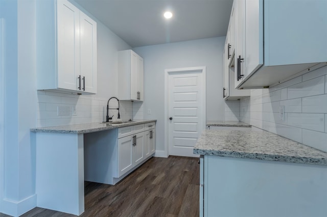 kitchen featuring tasteful backsplash, light stone counters, white cabinetry, sink, and dark wood-type flooring