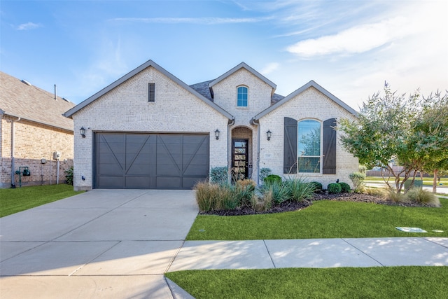 french country inspired facade with a garage and a front yard