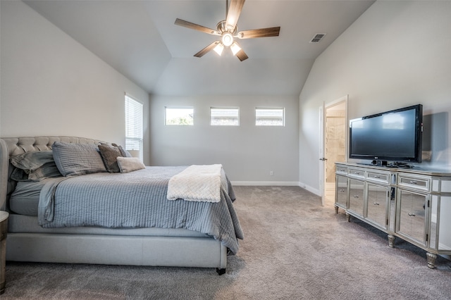 carpeted bedroom featuring ceiling fan and lofted ceiling