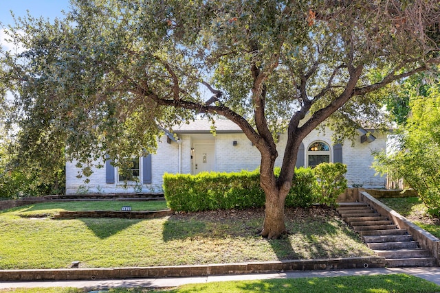 view of property hidden behind natural elements with a front yard