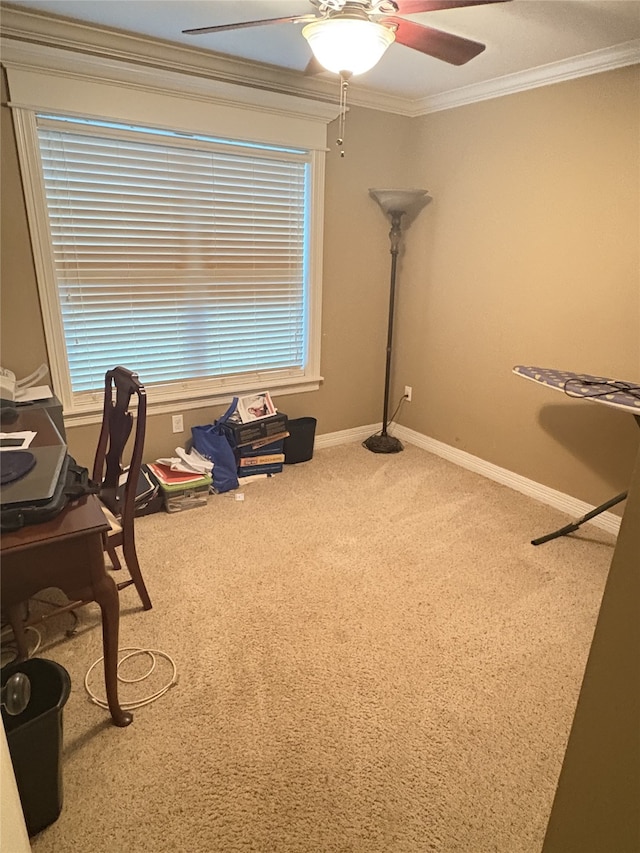 carpeted office featuring ceiling fan, a healthy amount of sunlight, and ornamental molding