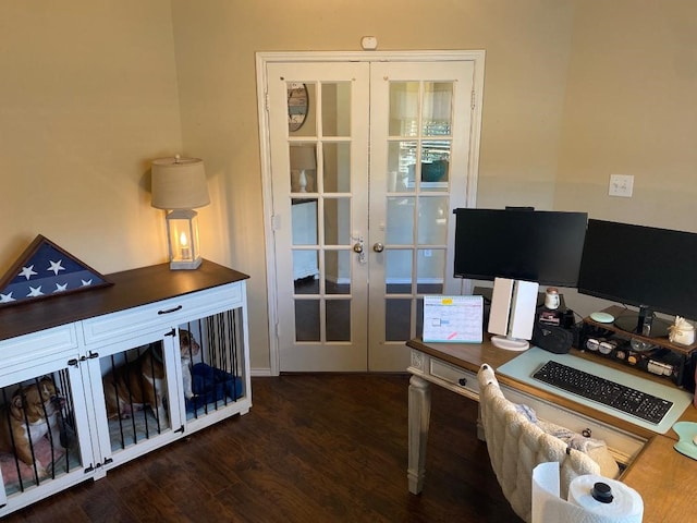 office area with french doors and dark hardwood / wood-style floors