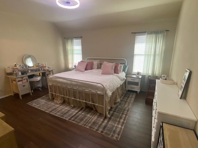 bedroom featuring lofted ceiling and dark wood-type flooring