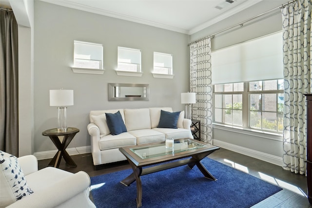 living room featuring ornamental molding and dark wood-type flooring