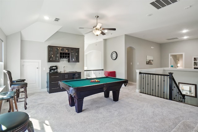 playroom featuring ceiling fan, bar area, light carpet, and pool table